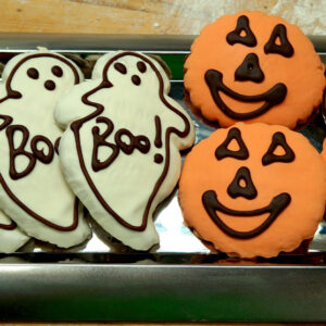 bennisons-bakery-halloween-ghost-pumpkin-cookies Picture of ghost and pumpkin decorated cookies